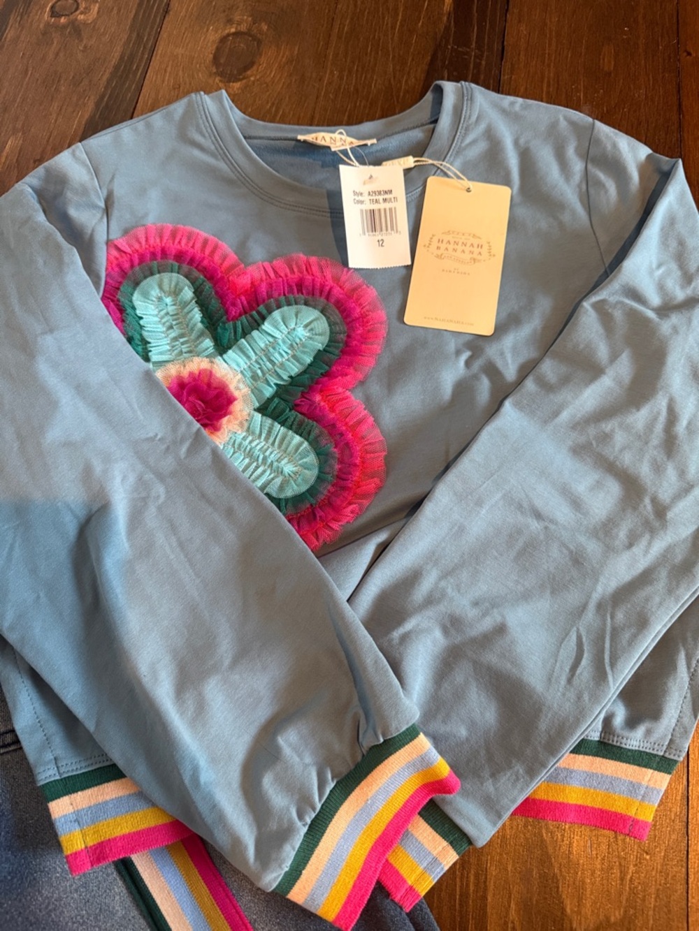 Hannah Banana Blue Sweatshirt with Pink and Teal Heart and Rainbow Stripe Trim - Picture 3 of 5